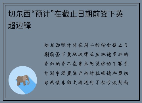 切尔西“预计”在截止日期前签下英超边锋